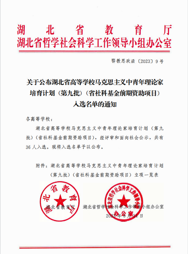 王敏入选第九批湖北省高等学校马克思主义中青年理论家培育计划